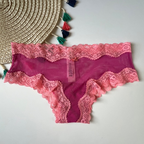 Victoria's Secret Tease Mesh Lace-Trim Cheeky Panty Lucious Rose Small NEW - Picture 1 of 5